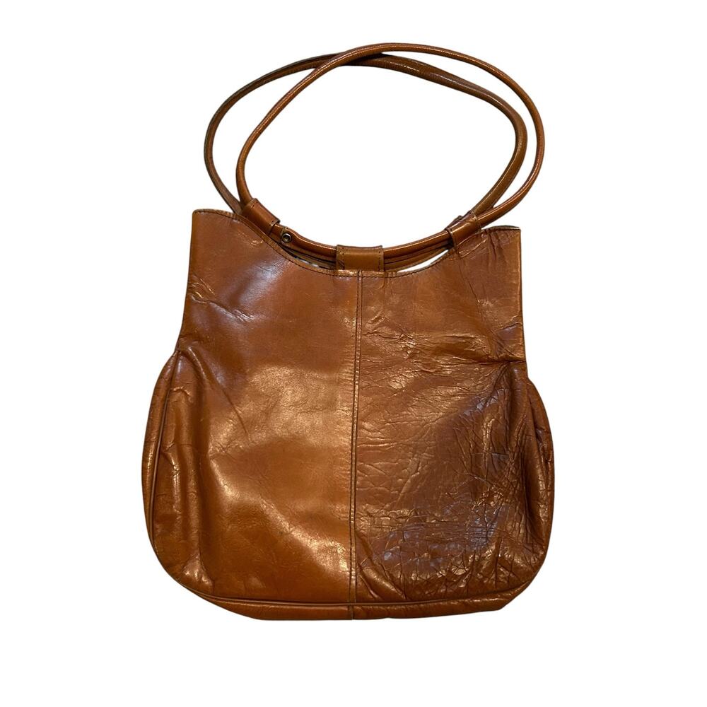Vintage 80s Cognac Leather Hobo Shoulder Bag Whipstitch Heart Embroidery - Picture 3 of 16